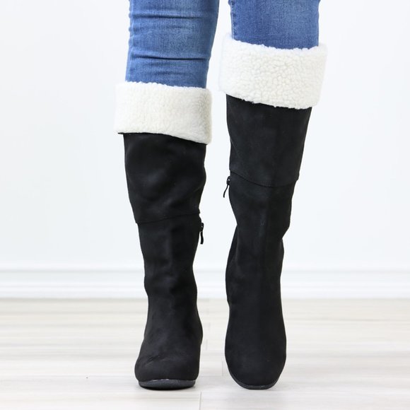 Sherpa Fold Over Black Below The Knee Wedge Heeled Boots Faux Suede - Picture 9 of 12